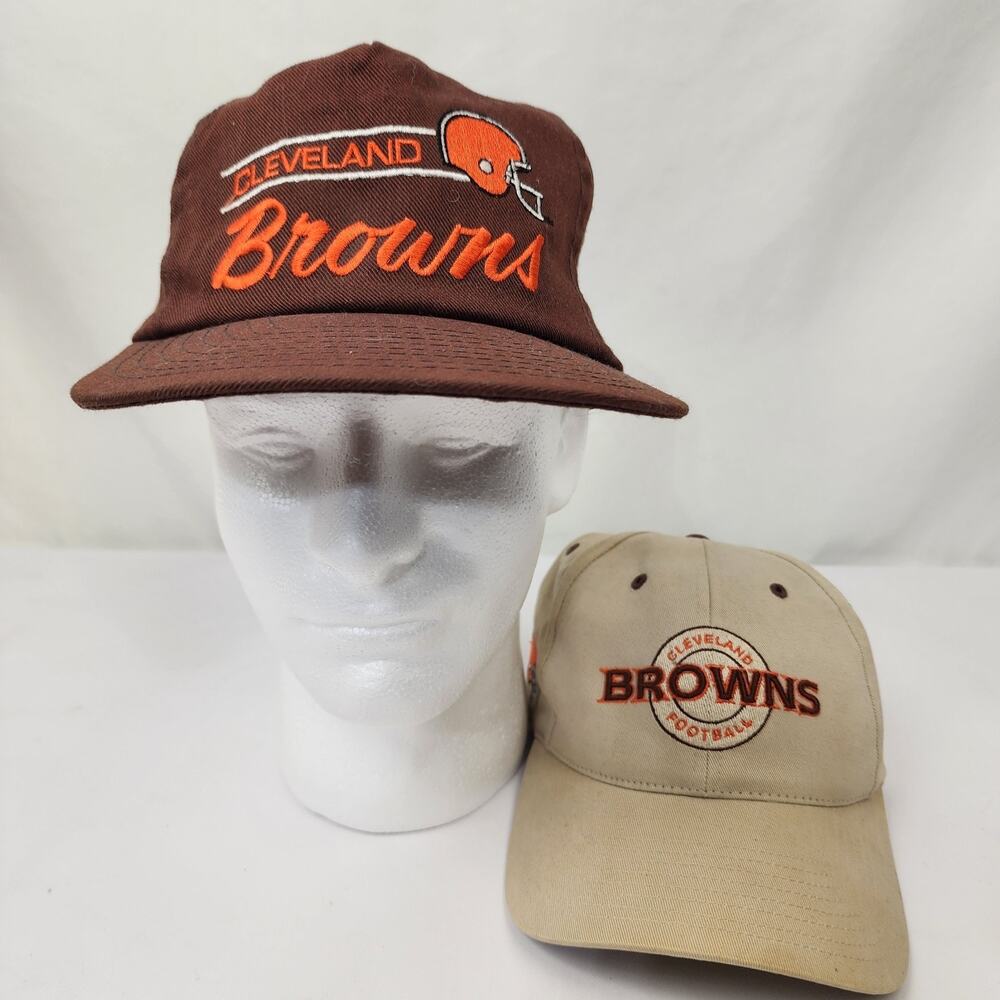 2 1990's Cleveland Browns Hat Cap Twins Enterprise Beige/Brown Snapback/Adjust
